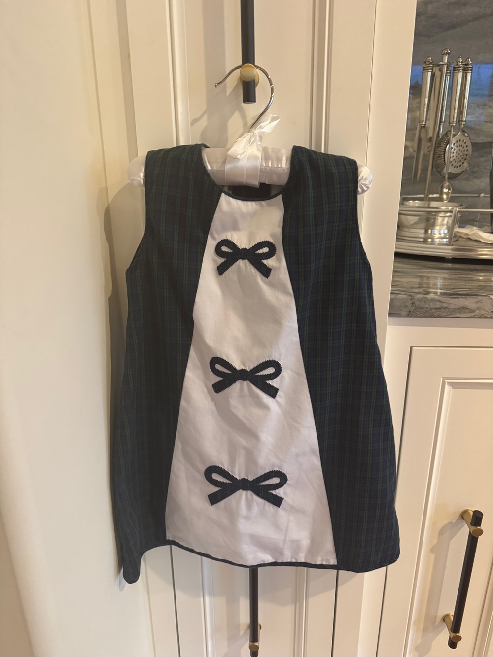 The Beaufort Bonnet Navy Green Plaid Dress with White Front Panel Bow Appliqués
